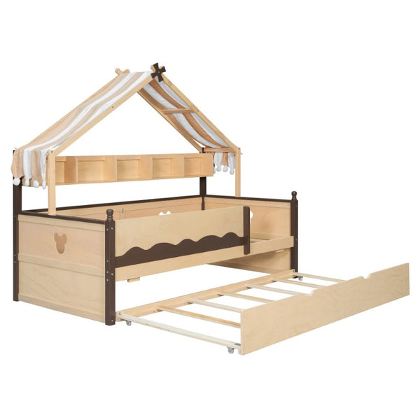 English Elm Twin House-Shaped Daybed with Canopy Tent Bookshelf and Trundle for Kids Bedroom Twin Natural+Espresso LP000429AAN