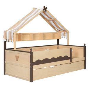 English Elm Twin House-Shaped Daybed with Canopy Tent Bookshelf and Trundle for Kids Bedroom Twin Natural+Espresso LP000429AAN