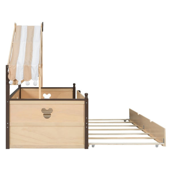 English Elm Twin House-Shaped Daybed with Canopy Tent Bookshelf and Trundle for Kids Bedroom Twin Natural+Espresso LP000429AAN