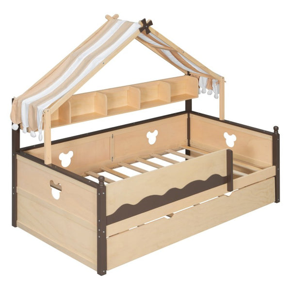 English Elm Twin House-Shaped Daybed with Canopy Tent Bookshelf and Trundle for Kids Bedroom Twin Natural+Espresso LP000429AAN