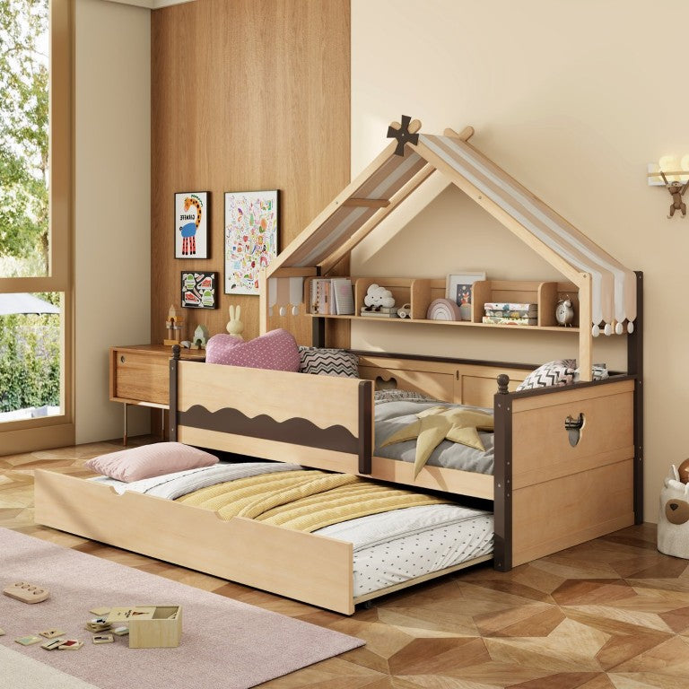 English Elm Twin House-Shaped Daybed with Canopy Tent Bookshelf and Trundle for Kids Bedroom Twin Natural+Espresso LP000429AAN