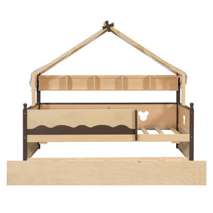 English Elm Twin House-Shaped Daybed with Canopy Tent Bookshelf and Trundle for Kids Bedroom Twin Natural+Espresso LP000429AAN