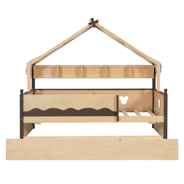 English Elm Twin House-Shaped Daybed with Canopy Tent Bookshelf and Trundle for Kids Bedroom Twin Natural+Espresso LP000429AAN