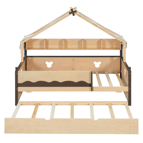 English Elm Twin House-Shaped Daybed with Canopy Tent Bookshelf and Trundle for Kids Bedroom Twin Natural+Espresso LP000429AAN