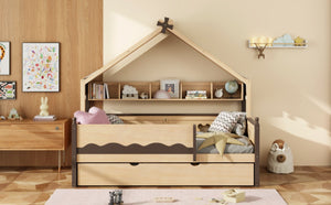 English Elm Twin House-Shaped Daybed with Canopy Tent Bookshelf and Trundle for Kids Bedroom Twin Natural+Espresso LP000429AAN