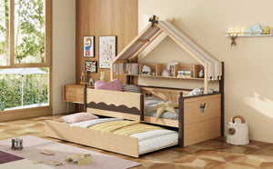 English Elm Twin House-Shaped Daybed with Canopy Tent Bookshelf and Trundle for Kids Bedroom Twin Natural+Espresso LP000429AAN