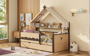 English Elm Twin House-Shaped Daybed with Canopy Tent Bookshelf and Trundle for Kids Bedroom Twin Natural+Espresso LP000429AAN