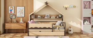 English Elm Twin House-Shaped Daybed with Canopy Tent Bookshelf and Trundle for Kids Bedroom Twin Natural+Espresso LP000429AAN