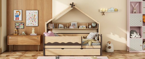 English Elm Twin House-Shaped Daybed with Canopy Tent Bookshelf and Trundle for Kids Bedroom Twin Natural+Espresso LP000429AAN