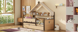 English Elm Twin House-Shaped Daybed with Canopy Tent Bookshelf and Trundle for Kids Bedroom Twin Natural+Espresso LP000429AAN