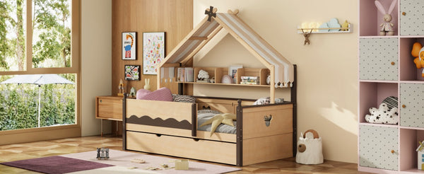 English Elm Twin House-Shaped Daybed with Canopy Tent Bookshelf and Trundle for Kids Bedroom Twin Natural+Espresso LP000429AAN