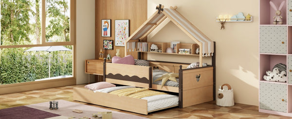 English Elm Twin House-Shaped Daybed with Canopy Tent Bookshelf and Trundle for Kids Bedroom Twin Natural+Espresso LP000429AAN