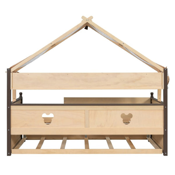 English Elm Twin House-Shaped Daybed with Canopy Tent Bookshelf and Trundle for Kids Bedroom Twin Natural+Espresso LP000429AAN