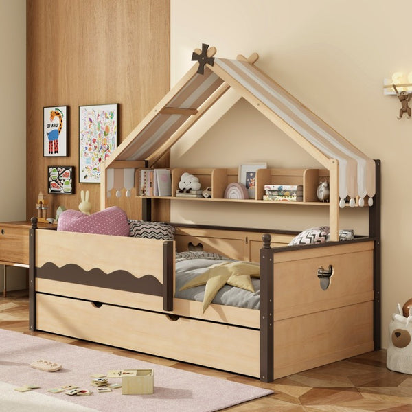 English Elm Twin House-Shaped Daybed with Canopy Tent Bookshelf and Trundle for Kids Bedroom Twin Natural+Espresso LP000429AAN