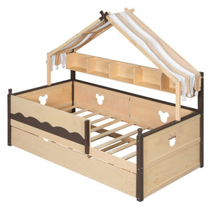 English Elm Twin House-Shaped Daybed with Canopy Tent Bookshelf and Trundle for Kids Bedroom Twin Natural+Espresso LP000429AAN