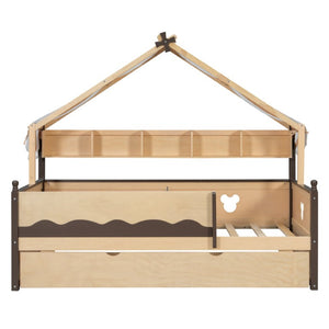 English Elm Twin House-Shaped Daybed with Canopy Tent Bookshelf and Trundle for Kids Bedroom Twin Natural+Espresso LP000429AAN