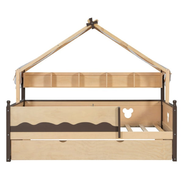 English Elm Twin House-Shaped Daybed with Canopy Tent Bookshelf and Trundle for Kids Bedroom Twin Natural+Espresso LP000429AAN