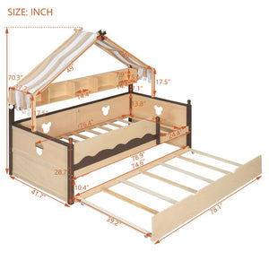 English Elm Twin House-Shaped Daybed with Canopy Tent Bookshelf and Trundle for Kids Bedroom Twin Natural+Espresso LP000429AAN