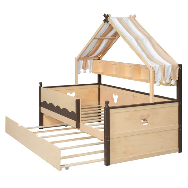 English Elm Twin House-Shaped Daybed with Canopy Tent Bookshelf and Trundle for Kids Bedroom Twin Natural+Espresso LP000429AAN