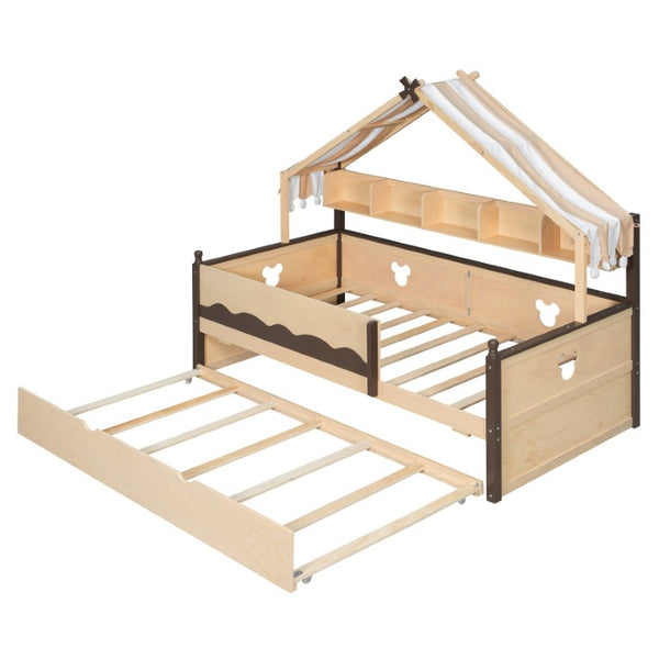 English Elm Twin House-Shaped Daybed with Canopy Tent Bookshelf and Trundle for Kids Bedroom Twin Natural+Espresso LP000429AAN