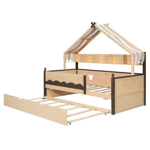 English Elm Twin House-Shaped Daybed with Canopy Tent Bookshelf and Trundle for Kids Bedroom Twin Natural+Espresso LP000429AAN