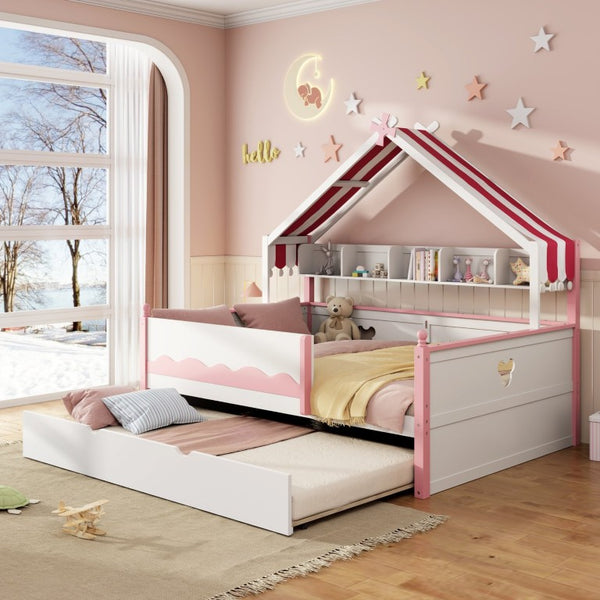 English Elm Twin House-Shaped Daybed with Canopy Tent Bookshelf and Trundle for Kids Bedroom Full White+Pink LP000430AAH