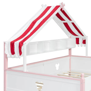 English Elm Twin House-Shaped Daybed with Canopy Tent Bookshelf and Trundle for Kids Bedroom Full White+Pink LP000430AAH