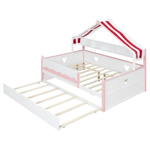English Elm Twin House-Shaped Daybed with Canopy Tent Bookshelf and Trundle for Kids Bedroom Full White+Pink LP000430AAH