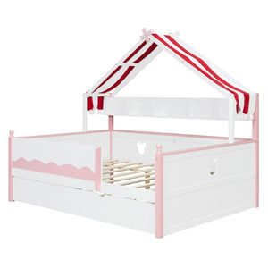 English Elm Twin House-Shaped Daybed with Canopy Tent Bookshelf and Trundle for Kids Bedroom Full White+Pink LP000430AAH