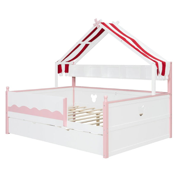 English Elm Twin House-Shaped Daybed with Canopy Tent Bookshelf and Trundle for Kids Bedroom Full White+Pink LP000430AAH