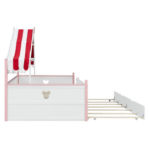 English Elm Twin House-Shaped Daybed with Canopy Tent Bookshelf and Trundle for Kids Bedroom Full White+Pink LP000430AAH