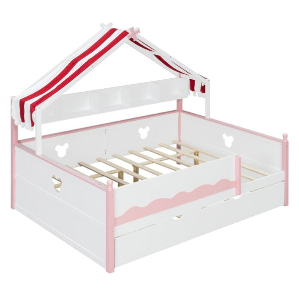 English Elm Twin House-Shaped Daybed with Canopy Tent Bookshelf and Trundle for Kids Bedroom Full White+Pink LP000430AAH