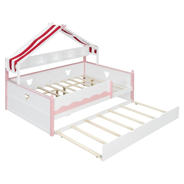 English Elm Twin House-Shaped Daybed with Canopy Tent Bookshelf and Trundle for Kids Bedroom Full White+Pink LP000430AAH