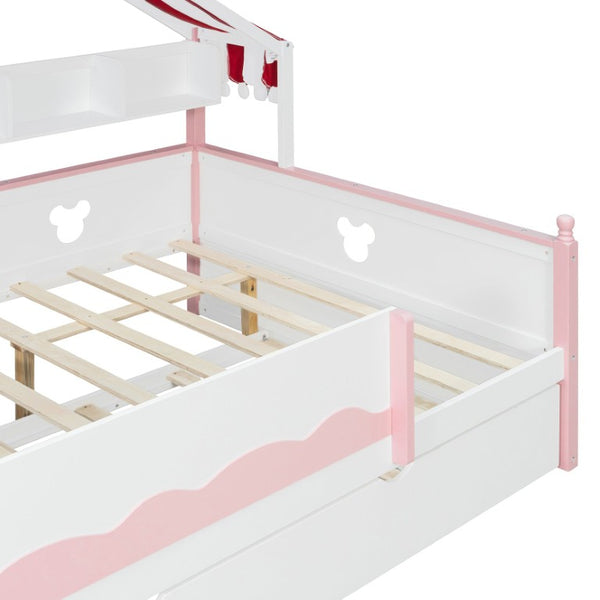 English Elm Twin House-Shaped Daybed with Canopy Tent Bookshelf and Trundle for Kids Bedroom Full White+Pink LP000430AAH