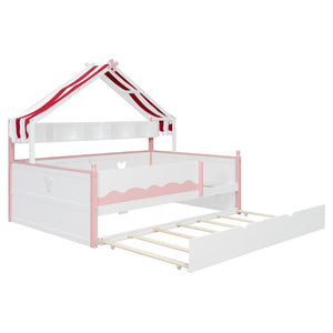English Elm Twin House-Shaped Daybed with Canopy Tent Bookshelf and Trundle for Kids Bedroom Full White+Pink LP000430AAH