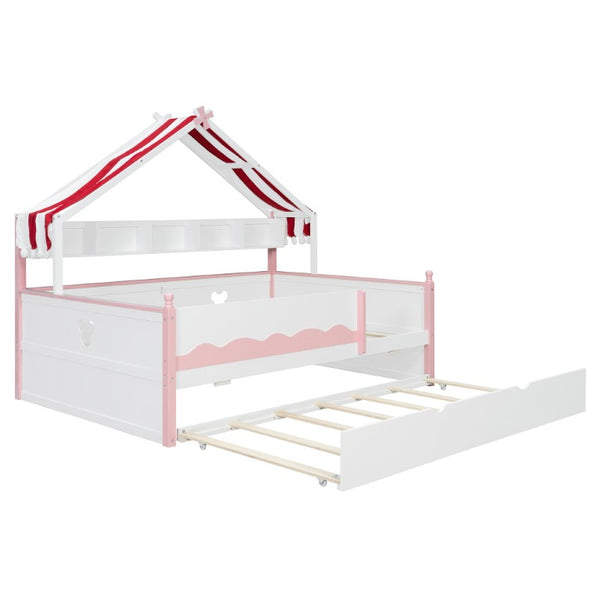 English Elm Twin House-Shaped Daybed with Canopy Tent Bookshelf and Trundle for Kids Bedroom Full White+Pink LP000430AAH