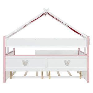 English Elm Twin House-Shaped Daybed with Canopy Tent Bookshelf and Trundle for Kids Bedroom Full White+Pink LP000430AAH