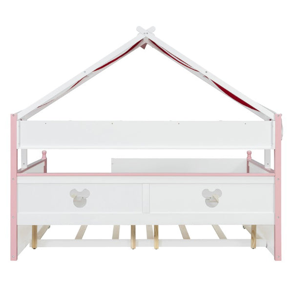 English Elm Twin House-Shaped Daybed with Canopy Tent Bookshelf and Trundle for Kids Bedroom Full White+Pink LP000430AAH