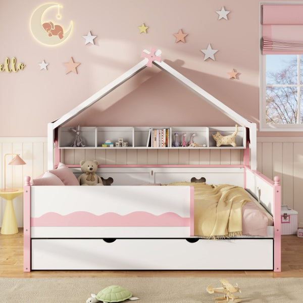 English Elm Twin House-Shaped Daybed with Canopy Tent Bookshelf and Trundle for Kids Bedroom Full White+Pink LP000430AAH