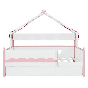 English Elm Twin House-Shaped Daybed with Canopy Tent Bookshelf and Trundle for Kids Bedroom Full White+Pink LP000430AAH
