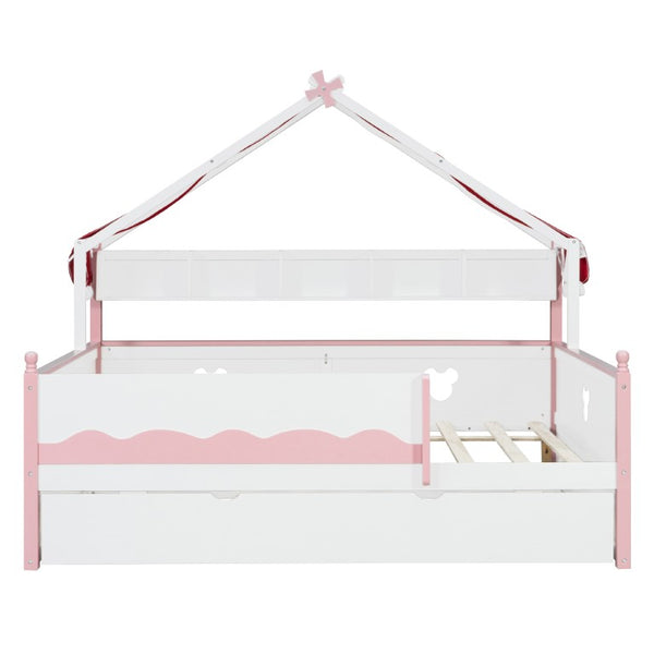 English Elm Twin House-Shaped Daybed with Canopy Tent Bookshelf and Trundle for Kids Bedroom Full White+Pink LP000430AAH