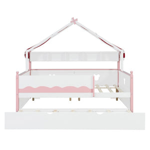 English Elm Twin House-Shaped Daybed with Canopy Tent Bookshelf and Trundle for Kids Bedroom Full White+Pink LP000430AAH