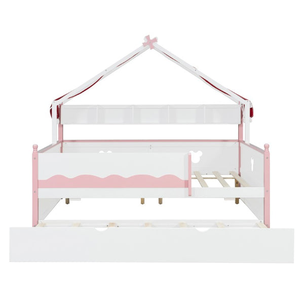 English Elm Twin House-Shaped Daybed with Canopy Tent Bookshelf and Trundle for Kids Bedroom Full White+Pink LP000430AAH