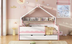 English Elm Twin House-Shaped Daybed with Canopy Tent Bookshelf and Trundle for Kids Bedroom Full White+Pink LP000430AAH