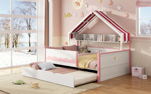 English Elm Twin House-Shaped Daybed with Canopy Tent Bookshelf and Trundle for Kids Bedroom Full White+Pink LP000430AAH
