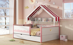 English Elm Twin House-Shaped Daybed with Canopy Tent Bookshelf and Trundle for Kids Bedroom Full White+Pink LP000430AAH