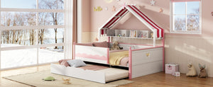 English Elm Twin House-Shaped Daybed with Canopy Tent Bookshelf and Trundle for Kids Bedroom Full White+Pink LP000430AAH