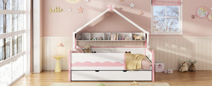 English Elm Twin House-Shaped Daybed with Canopy Tent Bookshelf and Trundle for Kids Bedroom Full White+Pink LP000430AAH