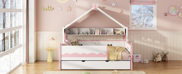 English Elm Twin House-Shaped Daybed with Canopy Tent Bookshelf and Trundle for Kids Bedroom Full White+Pink LP000430AAH