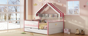English Elm Twin House-Shaped Daybed with Canopy Tent Bookshelf and Trundle for Kids Bedroom Full White+Pink LP000430AAH